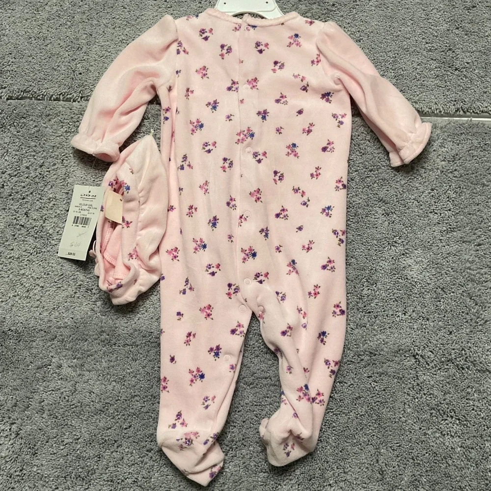 Vintage Little Me Baby Girl Pink Velour Footed Sleeper and Hat Set 6 Months